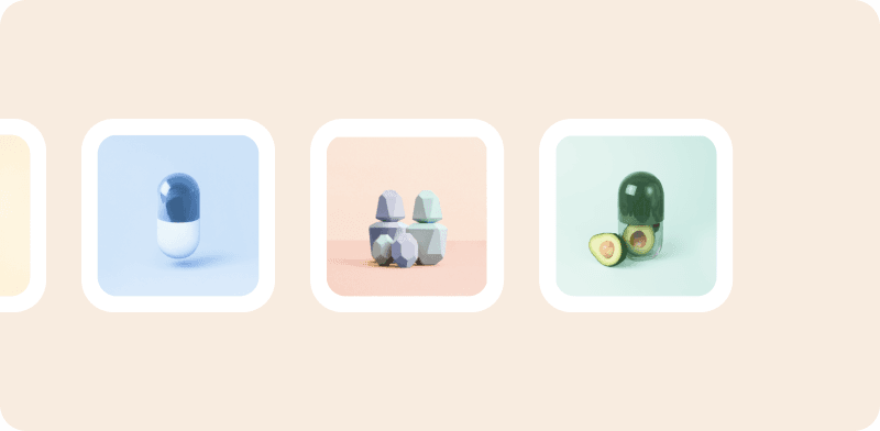 Series of stylized 3D objects on pastel backgrounds: a blue-and-white capsule on light blue, geometric rock-like shapes on peach, and a green capsule resembling an avocado next to a sliced avocado, all framed in white rounded squares.