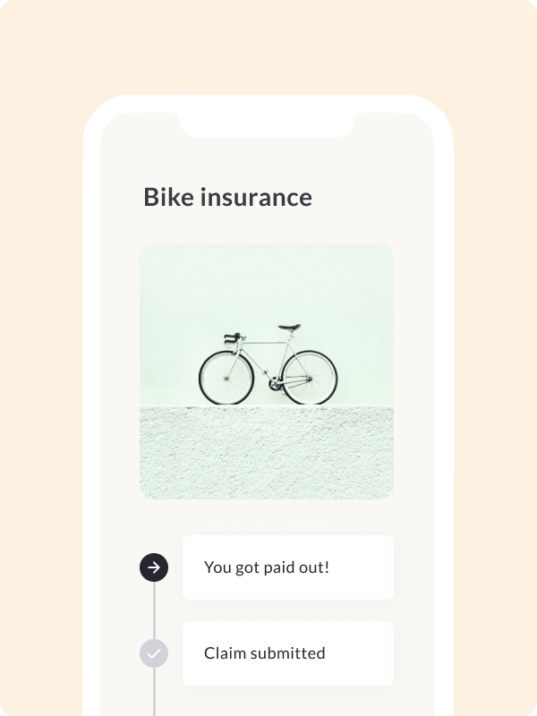 Feather app screen showing the bike insurance product page and a claim timeline. The tags read "Claim submitted" and "You got paid out!".