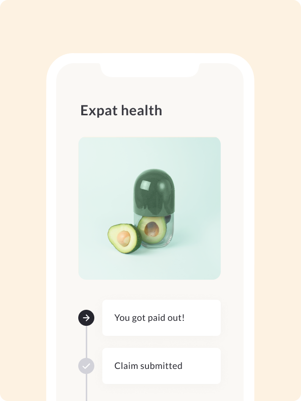 Feather app screen showing the expat health product page and a claim timeline. The tags read "Claim submitted" and "You got paid out!".