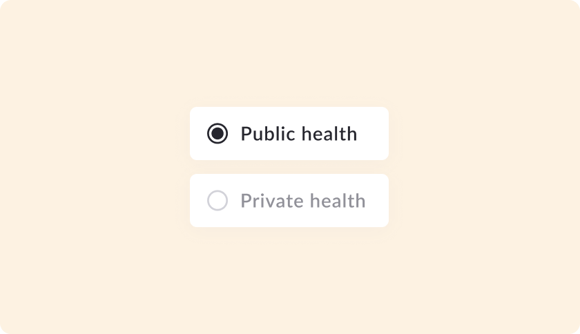 Image with 2 tags which read "Public health" and "Private health", showing possibility of choosing one of them.