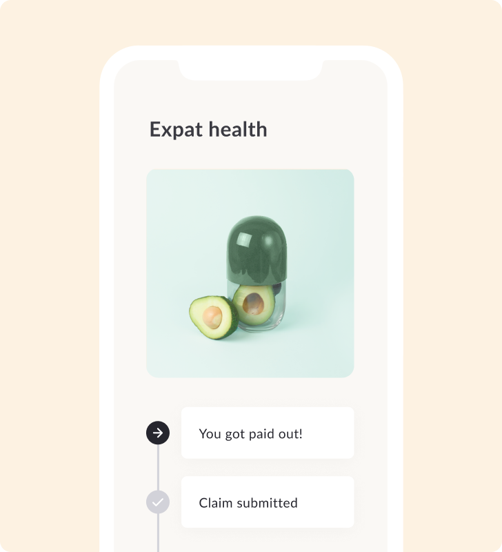 Feather app screen showing the expat health product page and a claim timeline. The tags read "Claim submitted" and "You got paid out!".