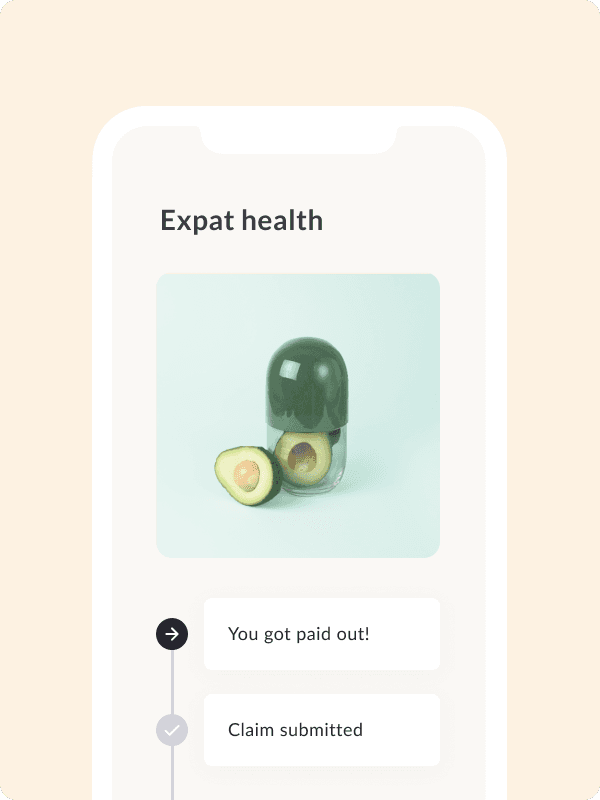 Feather app screen showing the expat health product page and a claim timeline. The tags read "Claim submitted" and "You got paid out!".