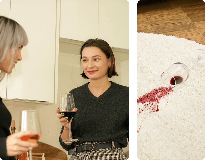 Two women with red wine glasses talking to each other in a kitchen and smaller images showing red wine spilled all over a white carpet.