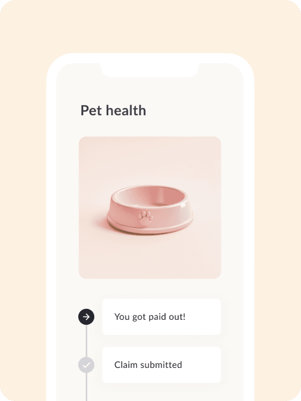 Feather app screen showing the pet health product page and a claim timeline. The tags read "Claim submitted" and "You got paid out!".