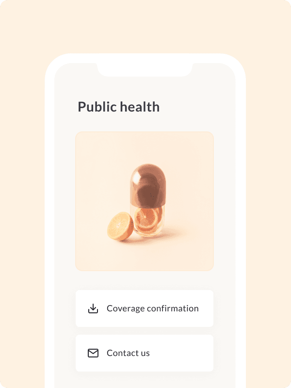 Feather app screen showing the public health product page with two buttons: coverage confirmation download and contact us. button.